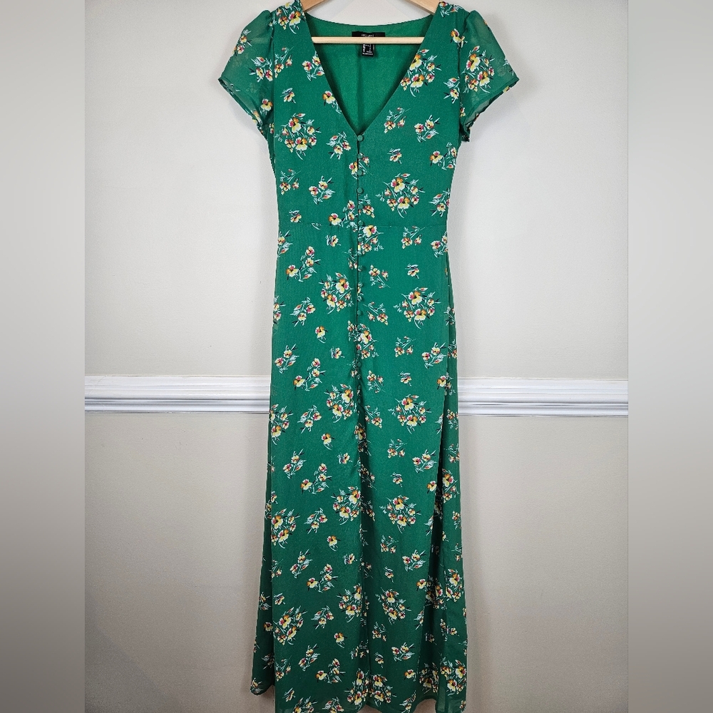 Forever 21 Green Floral V Neck Maxi Dress Size Small A0505